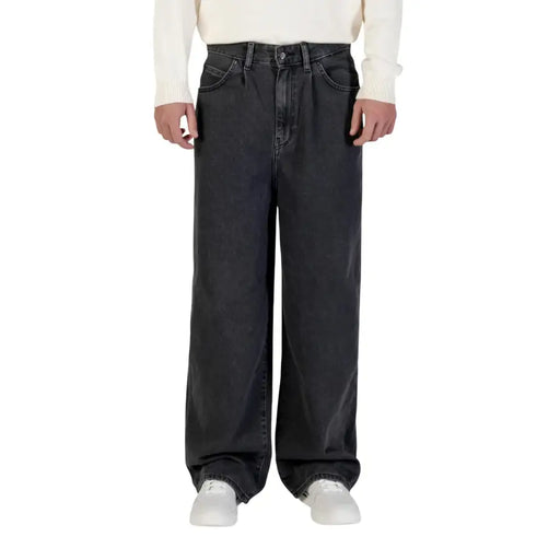 Only and sons men black cotton jeans featuring wide-leg fit and classic five-pocket design displayed from the front