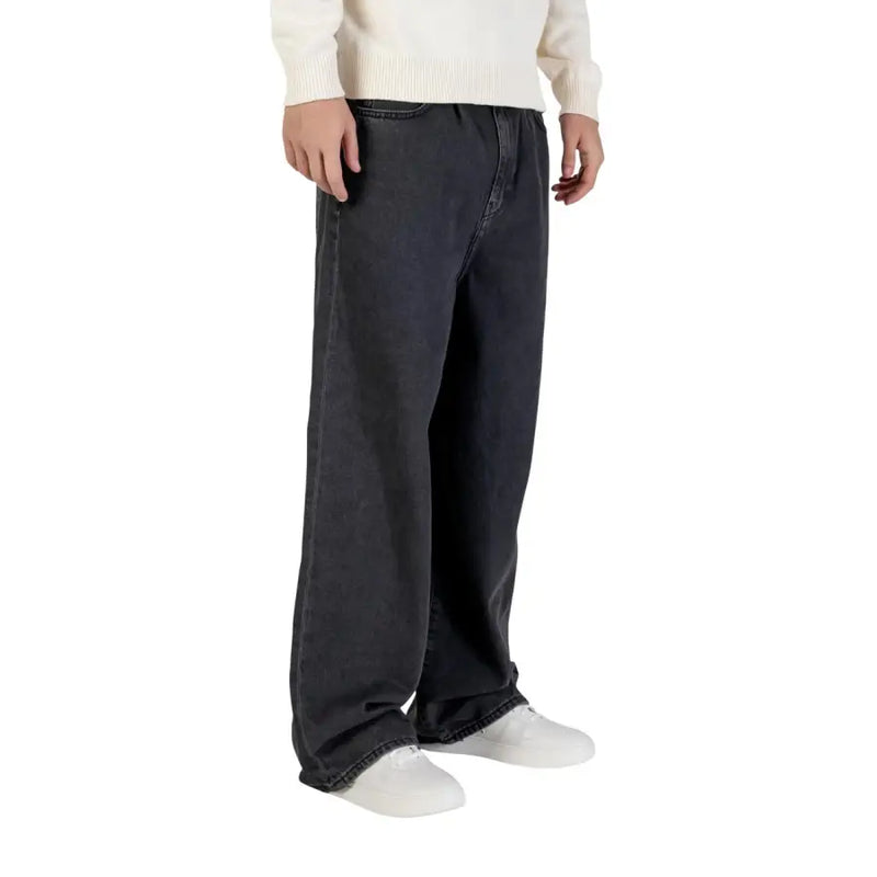 Only and Sons men black cotton jeans with dark-wash, relaxed straight-leg cut and classic stitching details