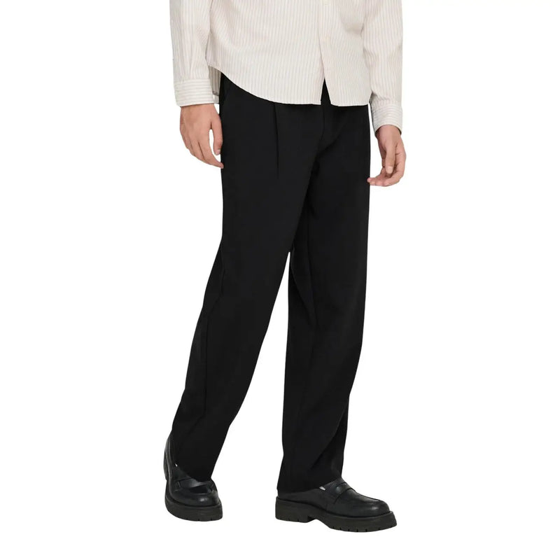 Only and Sons men black tailored trousers in viscose blend with straight-leg cut and subtle waist pleats