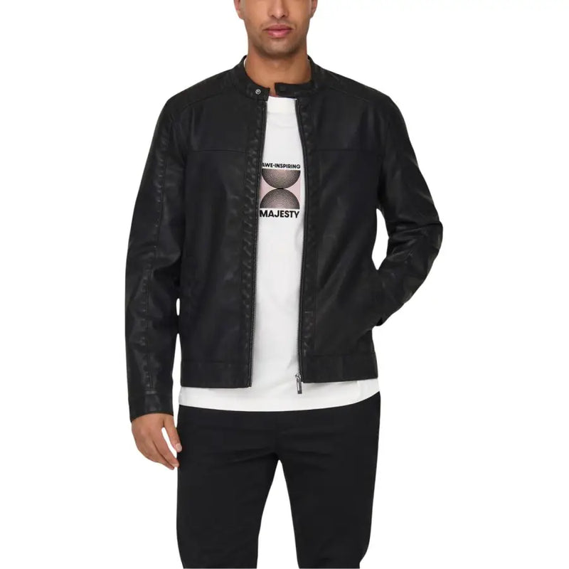 Only & Sons men blazer black faux leather bomber jacket with central zipper and snap-button collar