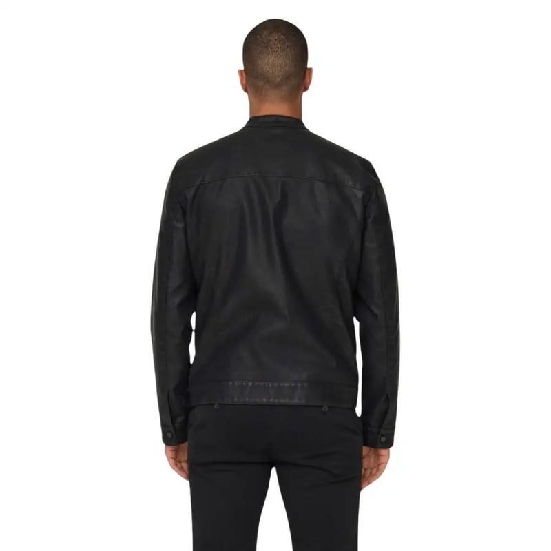 Only & Sons men blazer in black leather with a sleek matte finish and subtle stitching details