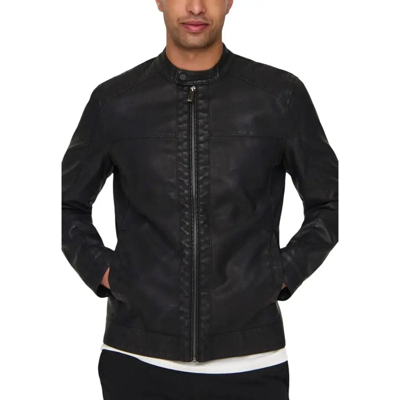 Black faux leather bomber jacket with central zipper and subtle stitching details by Only & Sons men blazer