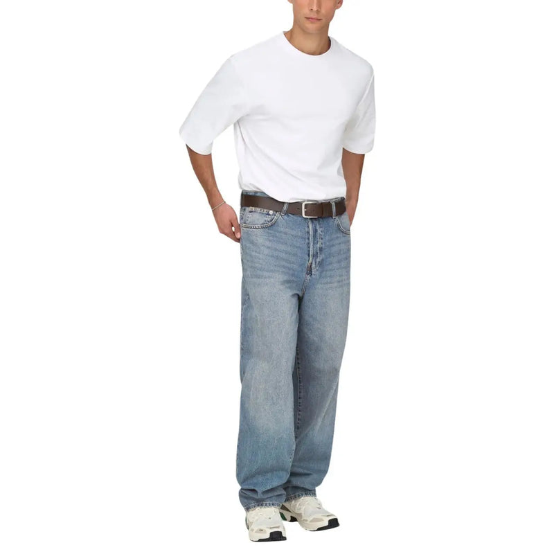 Only and sons men blue cotton jeans organic blend featuring light-wash relaxed straight-leg cut and classic five-pocket design