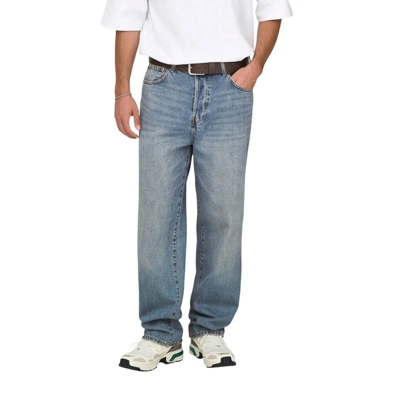 Only and sons men blue light-wash denim jeans with straight-leg cut and five-pocket design in organic cotton blend