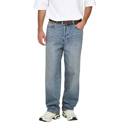Only and sons men blue light-wash denim jeans with straight-leg cut and five-pocket design in organic cotton blend