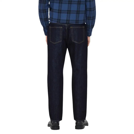 Only and Sons men blue cotton organic blend jeans with dark indigo straight-leg cut and contrasting light stitching