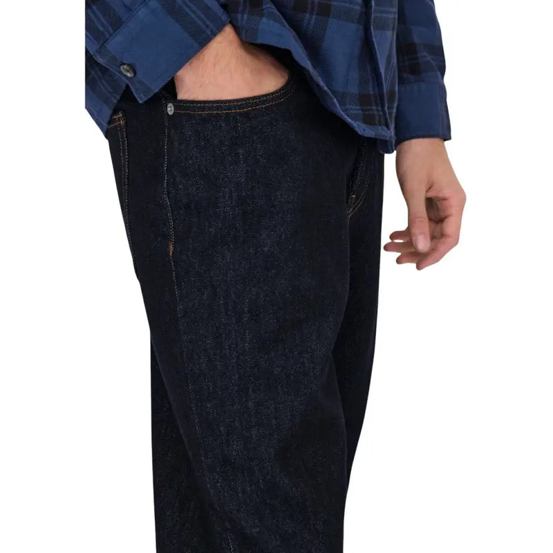 Only and Sons men blue cotton organic blend jeans with dark indigo color straight-leg cut and visible stitching details