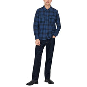 Blue plaid flannel shirt with dark navy and black stripes featuring chest pockets and button-down front for men