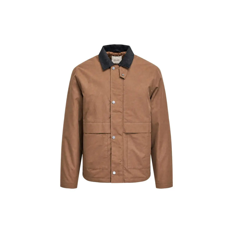 Tan canvas jacket with black collar and silver buttons by Only and Sons men brown polyester padded blazer