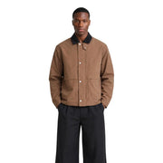 Brown polyester padded blazer jacket by only and sons featuring a contrasting black collar and white buttons