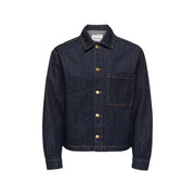 Only and Sons men denim jacket in dark indigo cotton with gold-tone buttons and a single chest pocket