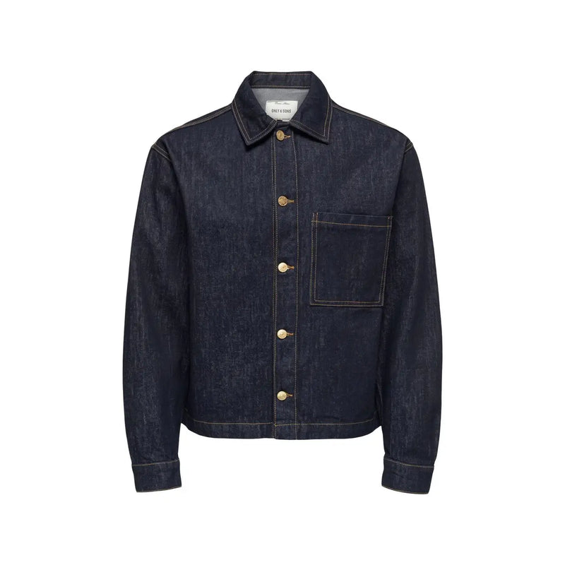 Only and Sons men denim jacket in dark indigo cotton with gold-tone buttons and a single chest pocket