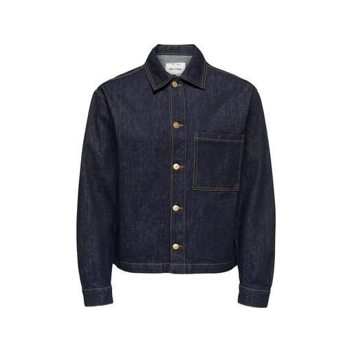 Only Jeansjacke von and Sons für Herren aus dunkelindigofarbenem Baumwollstoff mit goldfarbenen Knöpfen und einer einzelnen Brusttasche