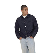 Dark blue cotton denim jacket for men by Only And Sons with classic collar button front and single chest pocket
