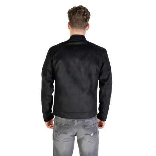 Only and Sons men faux leather mandarin zip blazer black with quilted shoulder panels and a high collar