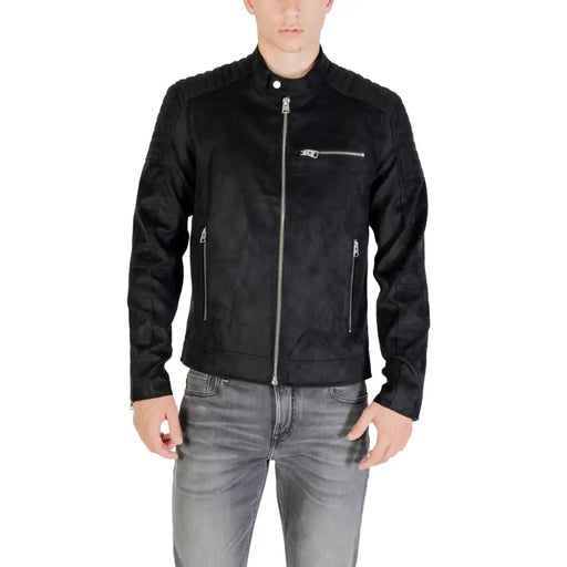 Black suede moto jacket by only and sons with silver zippers and quilted shoulder panels in black faux leather
