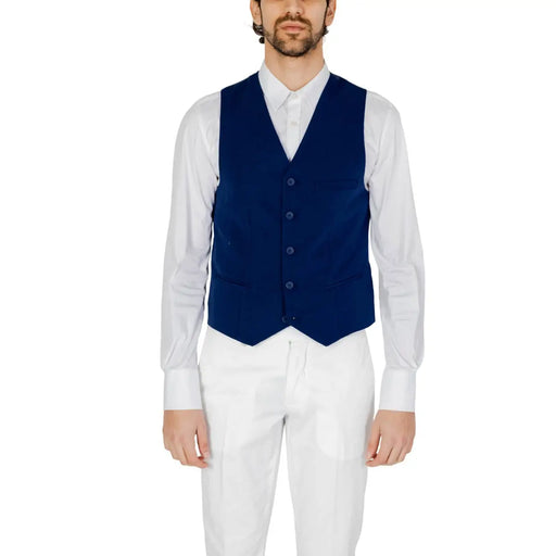 Only and sons men gilet navy blue wool vest with five matching buttons and classic notched collar design