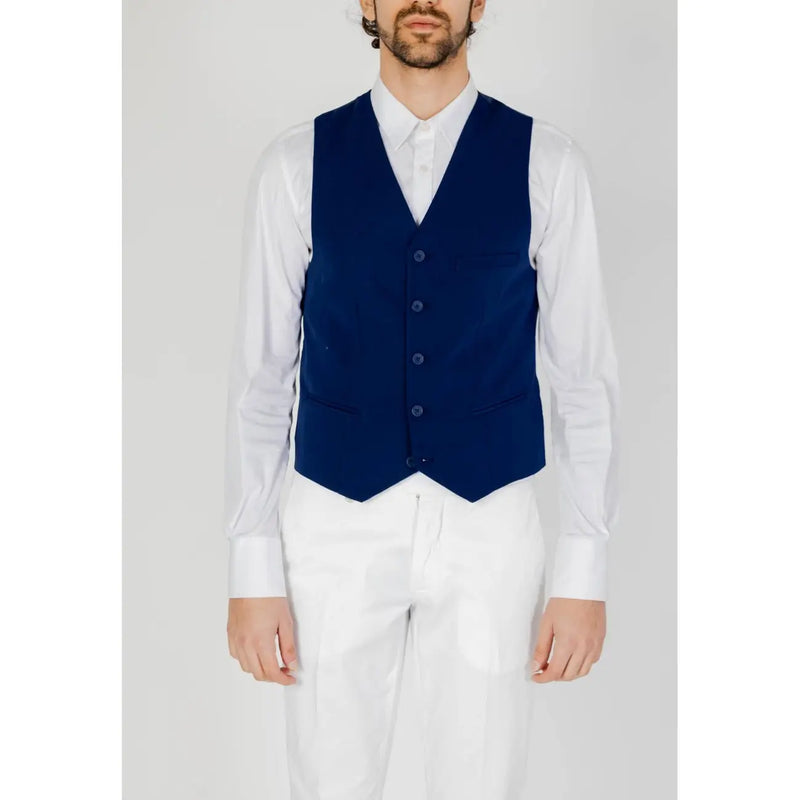 Only and Sons men gilet light blue button up waistcoat with a tailored fit and subtle textured navy blue fabric