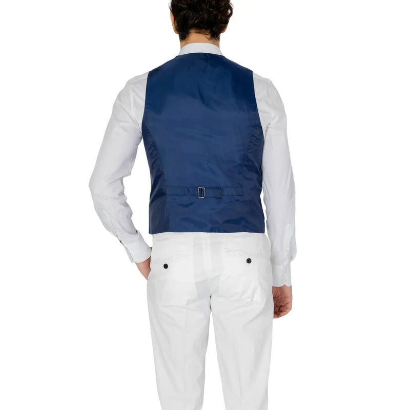 Navy blue satin vest with a single belt buckle at the waist from only and sons men gilet light blue button up waistcoat