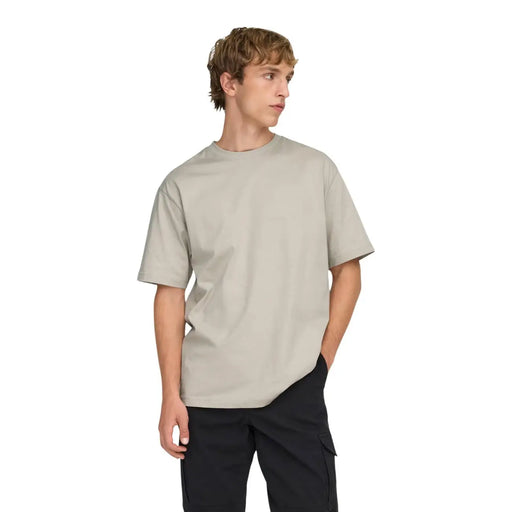 Only and sons men green cotton t shirt relaxed fit featuring a light beige relaxed-fit cotton fabric with crew neckline