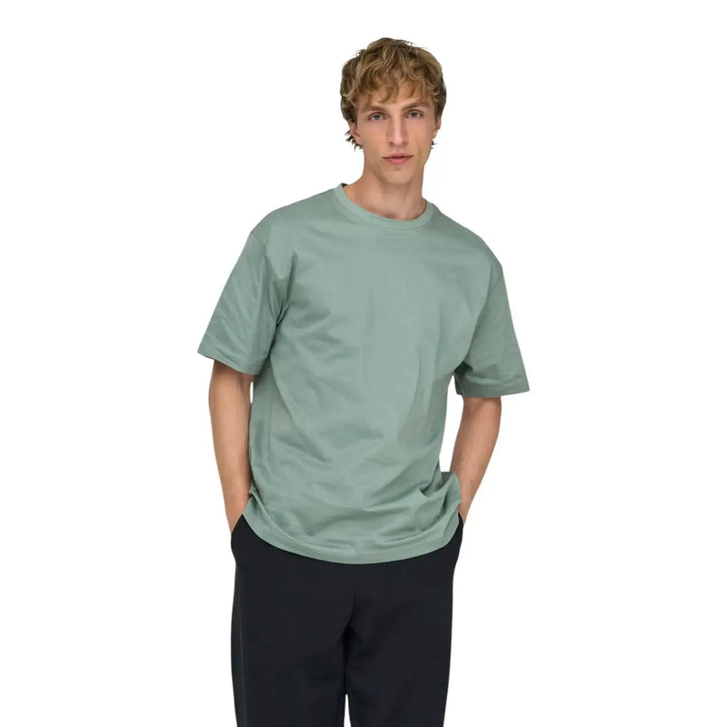 Only and sons men green cotton t shirt relaxed fit in soft sage green with relaxed fit and crew neckline