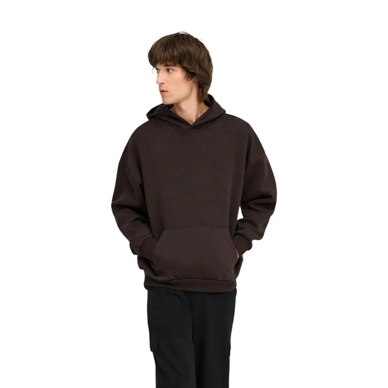 Only grauer Kapuzenpullover für Herren von and Sons aus Baumwollmischgewebe mit dunkelbraunem Oversize-Schnitt, Vordertasche und Kapuze mit Kordelzug.