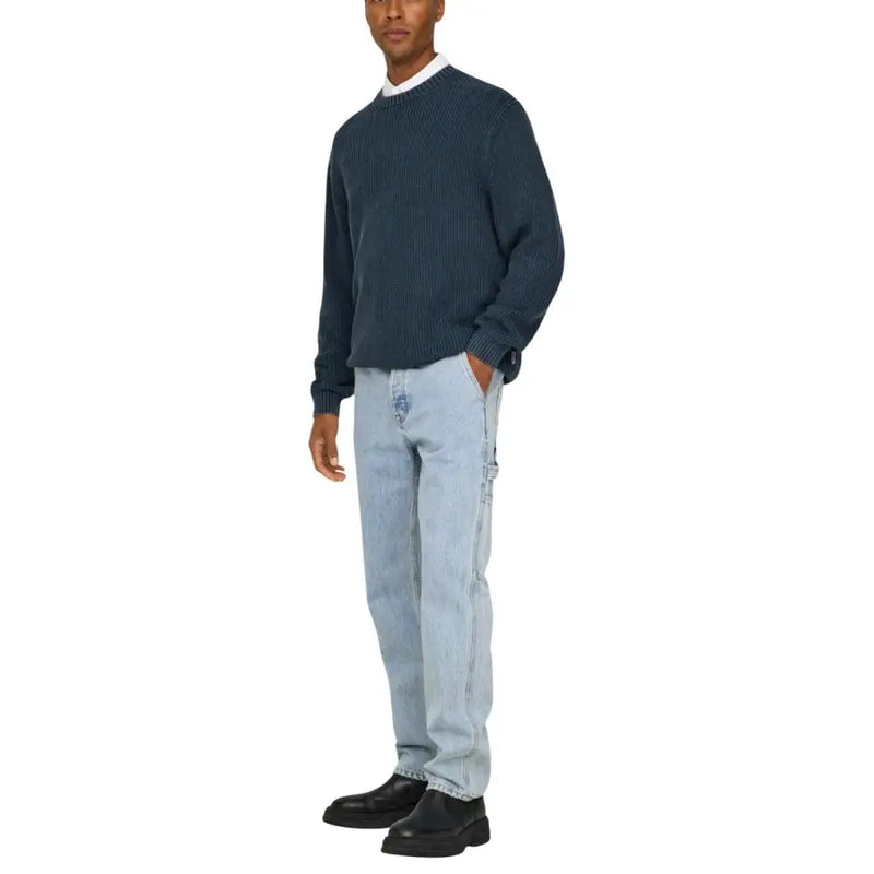 Only & sons men dark blue ribbed knit sweater with crew neck and long sleeves made of 100 percent cotton