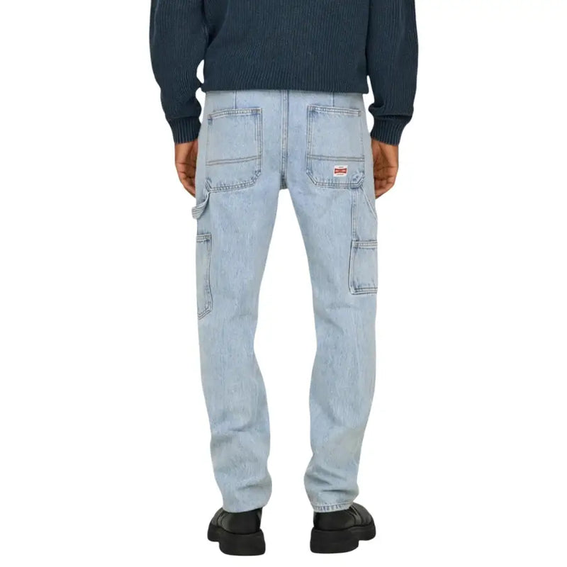 Back side of only and sons men jeans blue light-wash denim cargo pants with multiple pockets and red brand patch