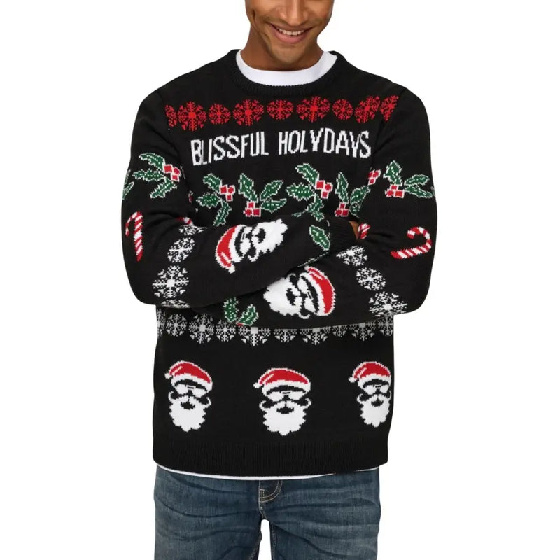 Only Schwarzer Herren-Strickpullover aus Acryl mit Rundhalsausschnitt, festlichen rot-grün-weißen Weihnachtsmotiven und dem Aufdruck „Blended Holidays“.