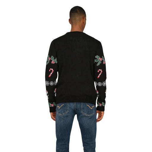 Only and sons men knitwear black round neck acrylic sweater with festive red and green candy cane holly and snowflake patterns