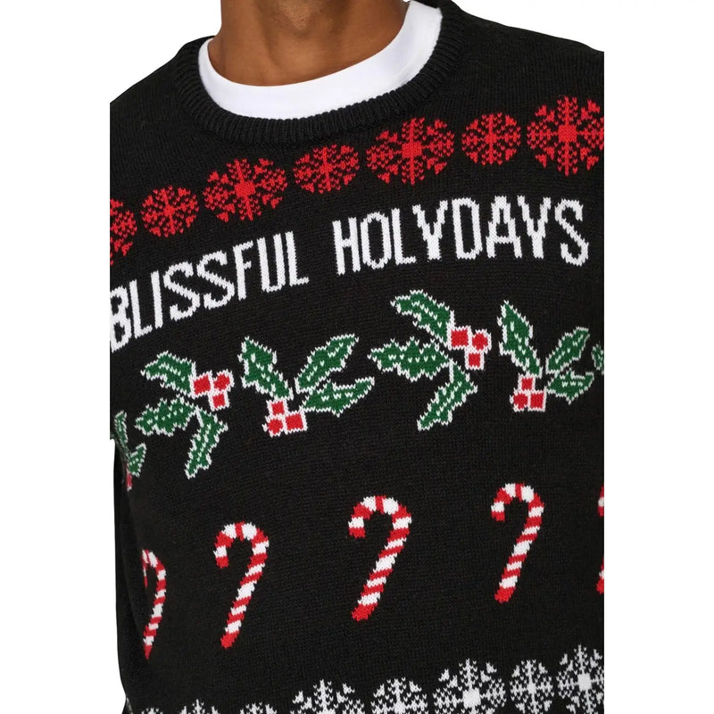 Only and sons men knitwear black acrylic christmas sweater with red snowflakes green holly and candy cane print
