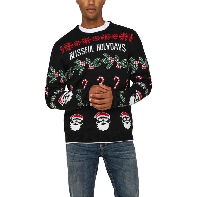 Only Sons men knitwear black acrylic round neck christmas sweater with red green holiday patterns including holly and candy canes