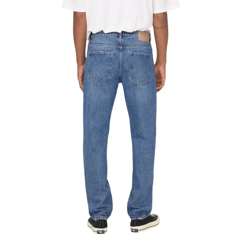 Only and sons men light blue cotton jeans with classic straight-leg cut and faded wash in blue denim