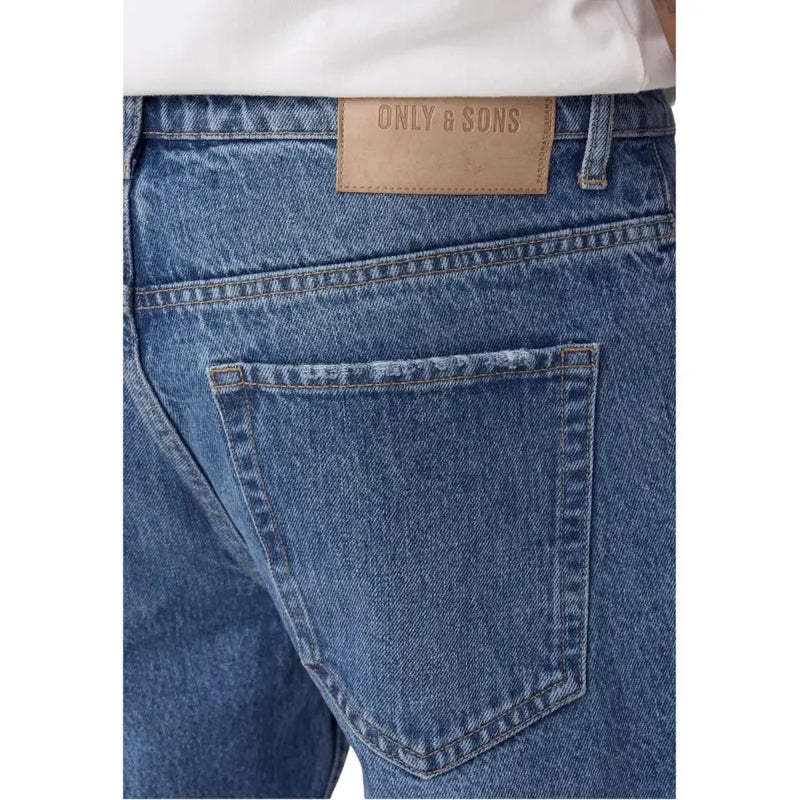 Back side of only and sons men light blue cotton jeans featuring a tan leather brand patch on the waistband
