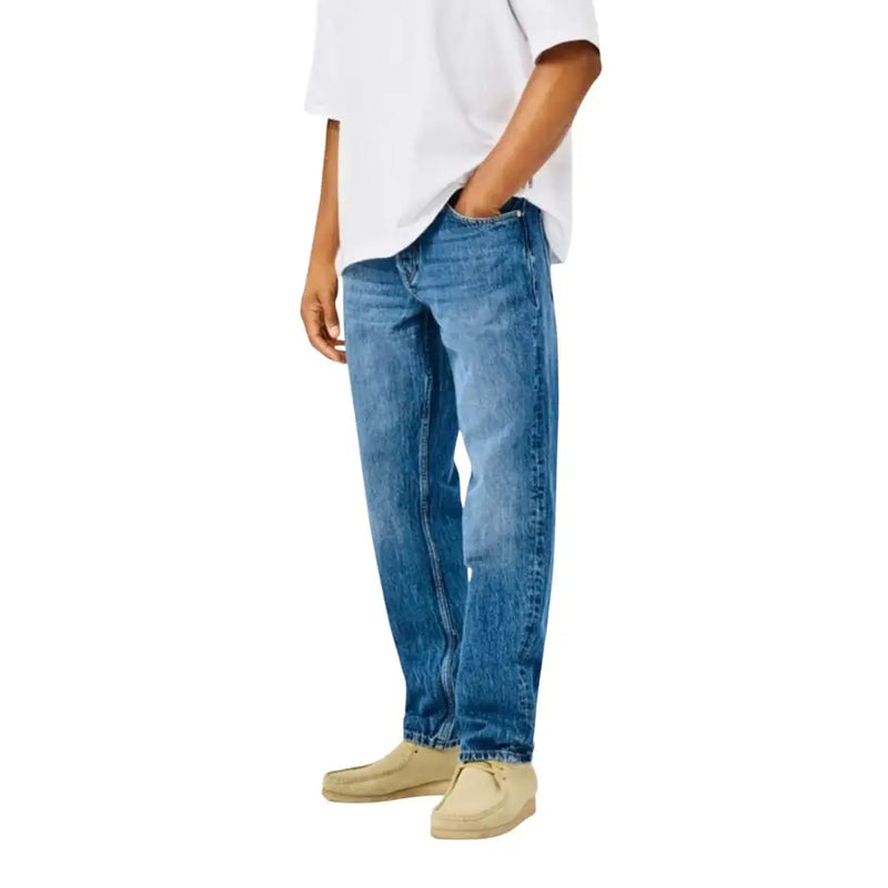 Only and Sons men light blue cotton jeans with relaxed fit classic blue denim and subtle fading front side view