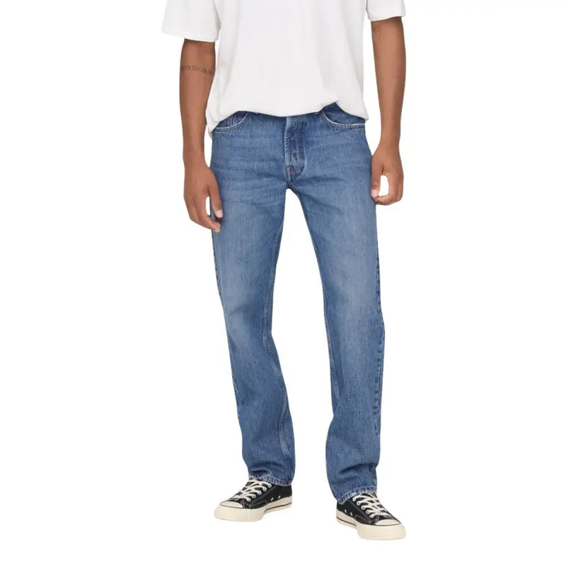 Medium-wash blue cotton straight-leg jeans with visible stitching from only and sons men light blue cotton jeans 22024939