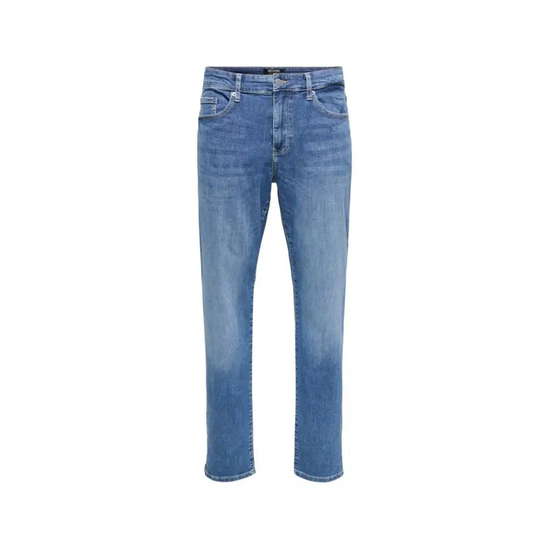 Only and Sons Herren-Jeans aus hellblauer Baumwolle mit mittlerer Waschung, geradem Bein und klassischem Fünf-Taschen-Design