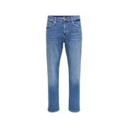Only and Sons men light blue cotton jeans with medium-wash denim, straight-leg cut, and classic five-pocket design