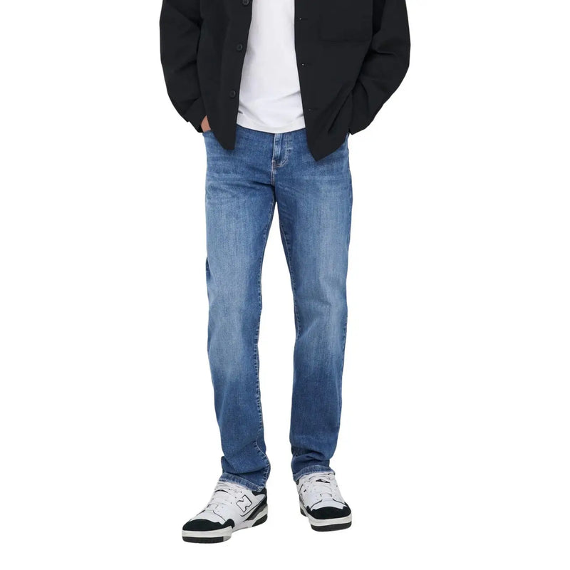 Only and Sons men light blue cotton jeans with a medium wash, classic straight-leg cut, and subtle fading