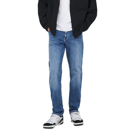 Only and Sons men light blue cotton jeans with a medium wash, classic straight-leg cut, and subtle fading