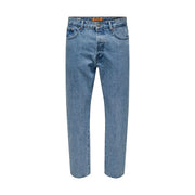Only and Sons men light blue cotton jeans with classic five-pocket design and visible brand tag at waistband