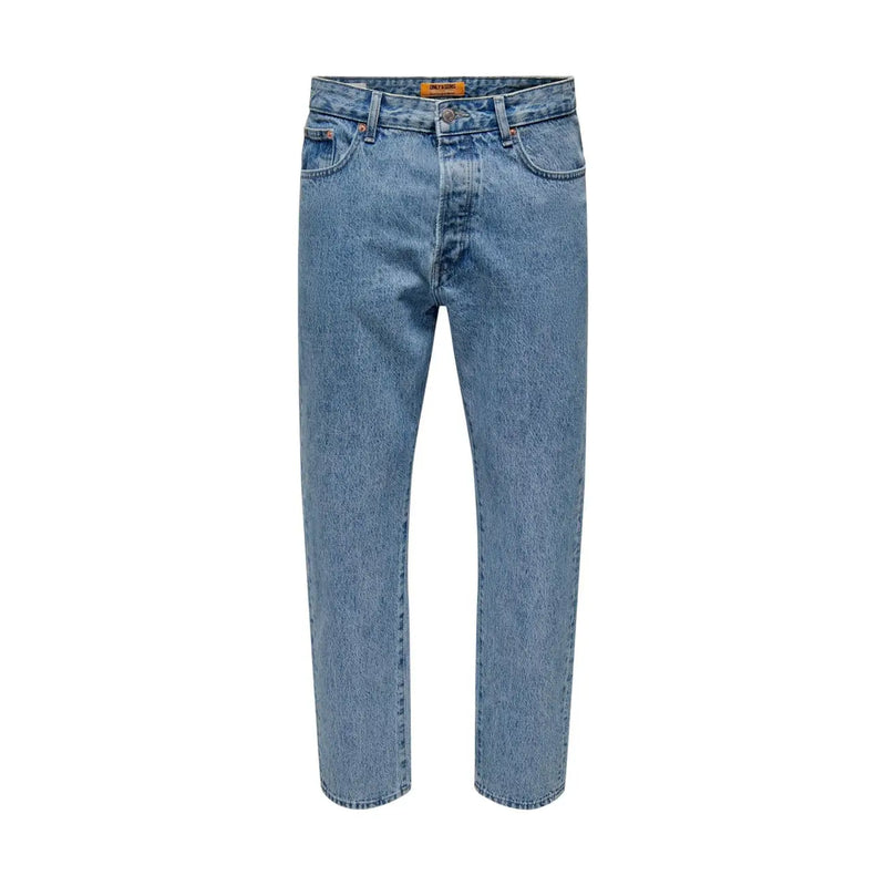 Only and Sons men light blue cotton jeans with classic five-pocket design and visible brand tag at waistband