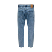 Only and Sons men light blue cotton jeans with a classic straight-leg cut and brown leather brand patch at the waistband