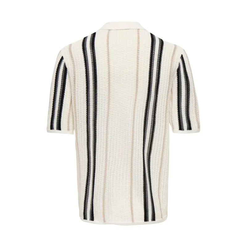 Only sons men polo shirt beige cream knitted cotton with bold black vertical stripes and textured ribbed fabric