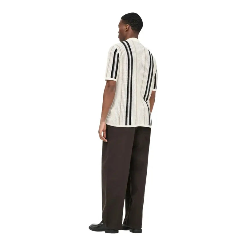 Only & Sons men polo shirt beige striped cotton knit with cream color and bold black vertical stripes