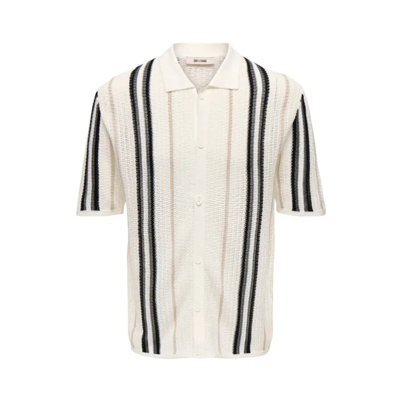 Only & Sons men polo shirt beige striped cotton knit cream short-sleeved button-up with bold black vertical stripes