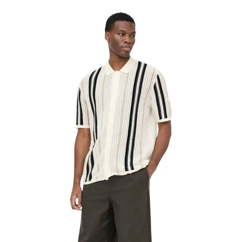 Only & Sons men polo shirt in beige cotton knit with bold black vertical stripes and short sleeves