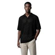 Only & sons men polo v neck black organic cotton short sleeve with textured openwork pattern on chest and shoulders