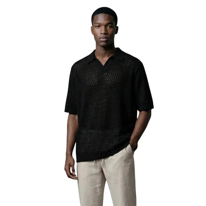 Only & sons men polo v neck black organic cotton short sleeve with textured openwork pattern on chest and shoulders