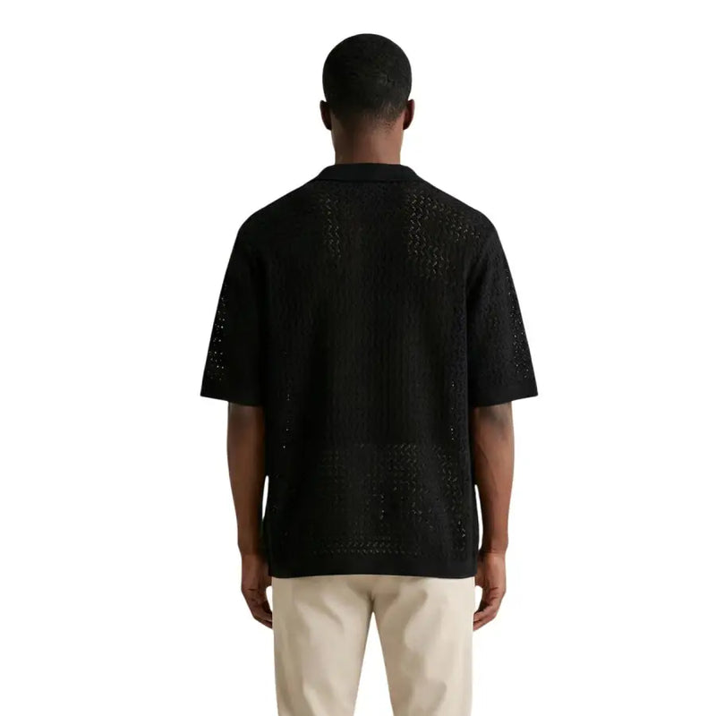 Only & sons men polo v neck black organic cotton short sleeve knit shirt with subtle textured pattern